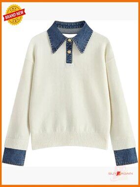 Oversized Denim Collar Pullover Sweater Long Sleeve Cable Knit